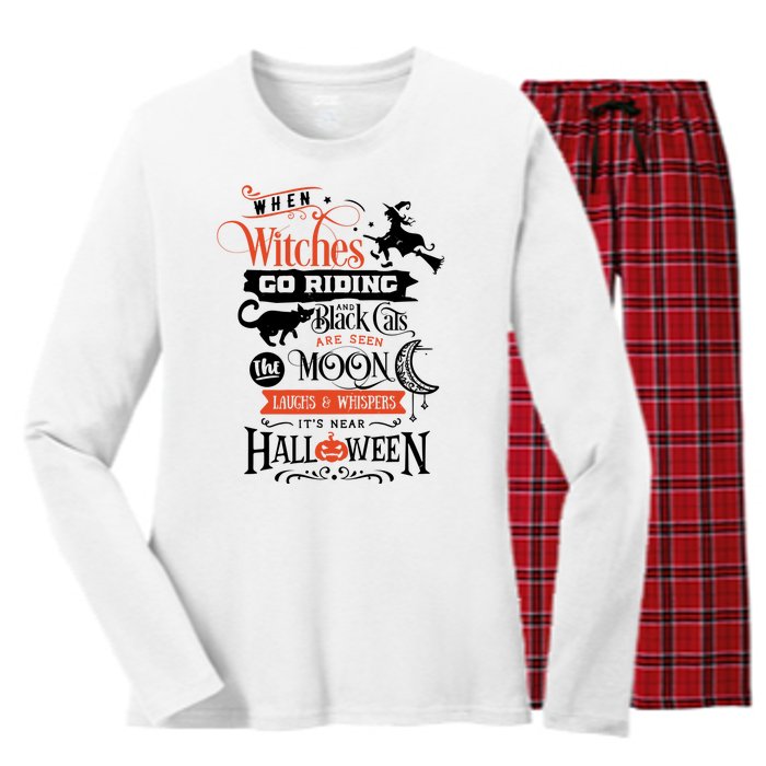 Its Near Halloween Witches Go Riding Festive Women's Long Sleeve Flannel Pajama Set 