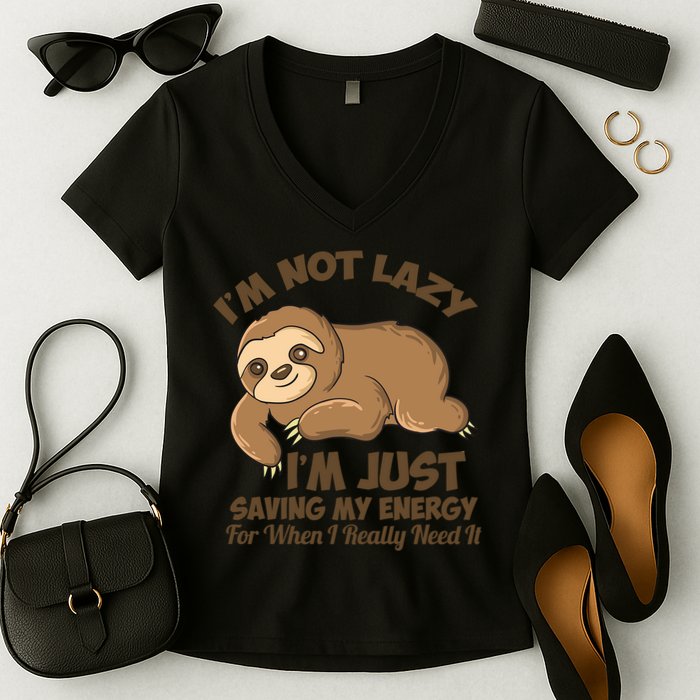 I'm Not Lazy I'm Just Saving My Energy Funny Sloth Saying  Women's V-Neck T-Shirt