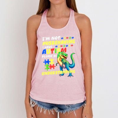 Im Not Misbehaving I Have Autism Funny Dinosaur Autism Awareness Gift Women's Knotted Racerback Tank