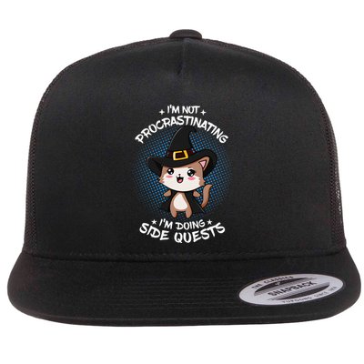 IM Not Procrastinating IM Doing Side Quests Funny Rpg Cat Flat Bill Trucker Hat
