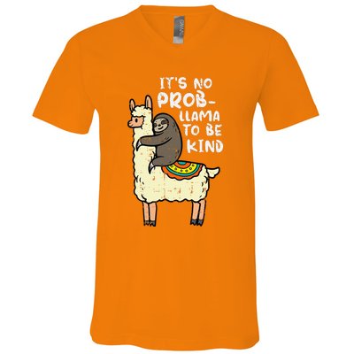 Its No Prob Llama To Be Kind Sloth Unity Day Orange V-Neck T-Shirt