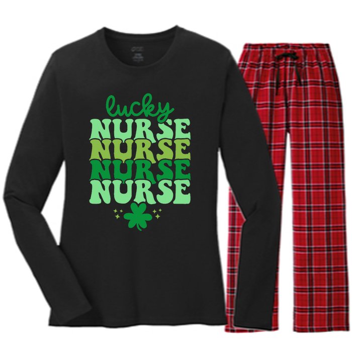 Irish Nurse St Patricks Day Shamrock Stethocsope Women's Long Sleeve Flannel Pajama Set 