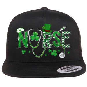 Irish Nurse St Patricks Day Shamrock Stethocsope Flat Bill Trucker Hat