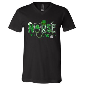 Irish Nurse St Patricks Day Shamrock Stethocsope V-Neck T-Shirt