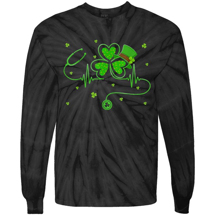 Irish Nurse St Patricks Day Shamrock Stethocsope Tie-Dye Long Sleeve Shirt