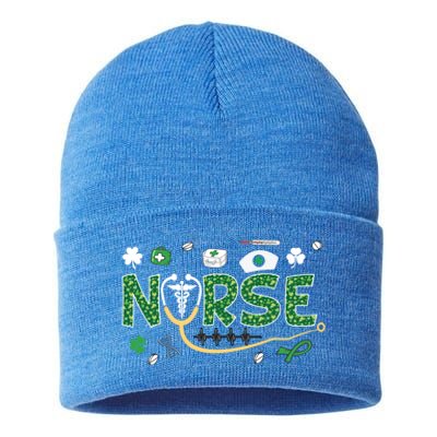 Irish Nurse Stethoscope Leopard St Patricks Day Nurses Scrub Cool Gift Sustainable Knit Beanie