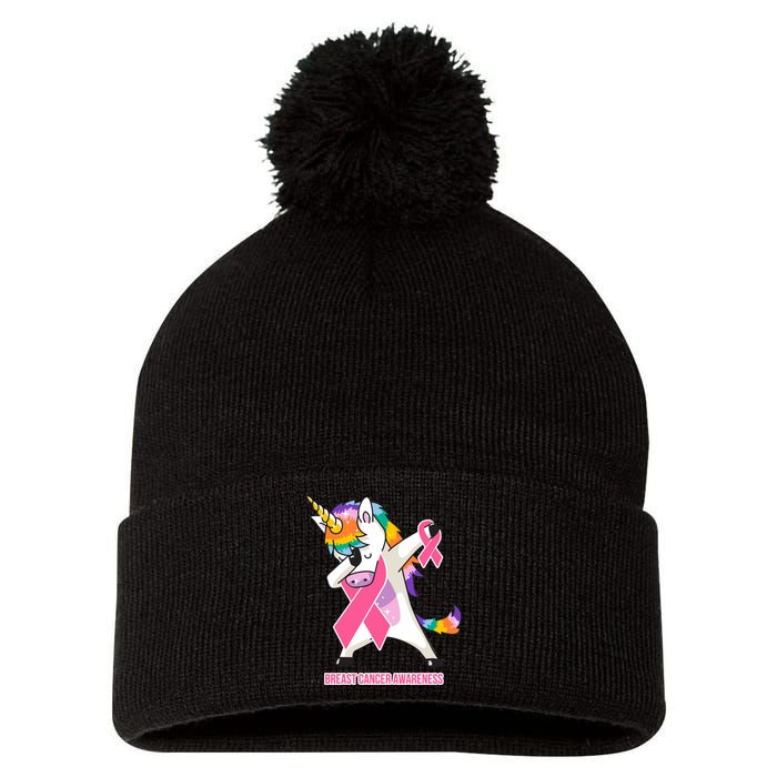 inspirational Breast Cancer Awareness Unicorn Pom Pom 12in Knit Beanie