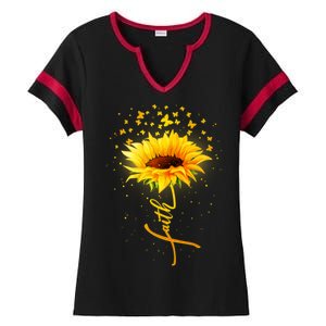 Inspirational Faith Sunflower & Butterflies Ladies Halftime Notch Neck Tee