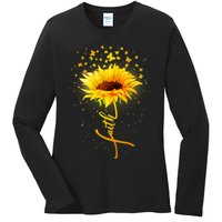 Inspirational Faith Sunflower & Butterflies Ladies Long Sleeve Shirt