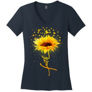 Inspirational Faith Sunflower & Butterflies Women's V-Neck T-Shirt