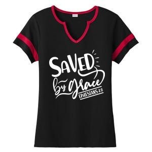 Inspirational Saved by Grace Ephesians 2:8 Ladies Halftime Notch Neck Tee