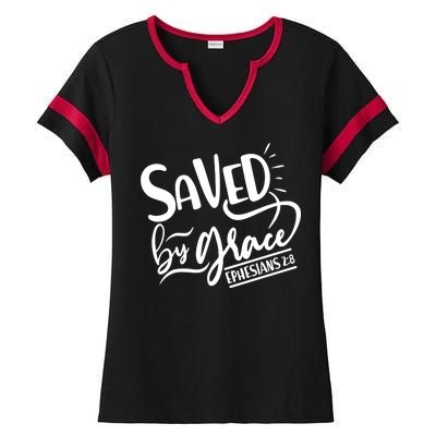 Inspirational Saved by Grace Ephesians 2:8 Ladies Halftime Notch Neck Tee