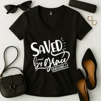 Inspirational Saved by Grace Ephesians 2:8 Women's V-Neck T-Shirt