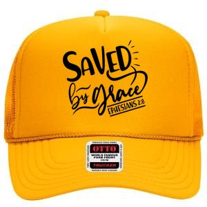 Inspirational Saved by Grace Ephesians 2:8 High Crown Mesh Back Trucker Hat