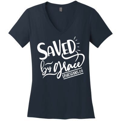 Inspirational Saved by Grace Ephesians 2:8 Women's V-Neck T-Shirt