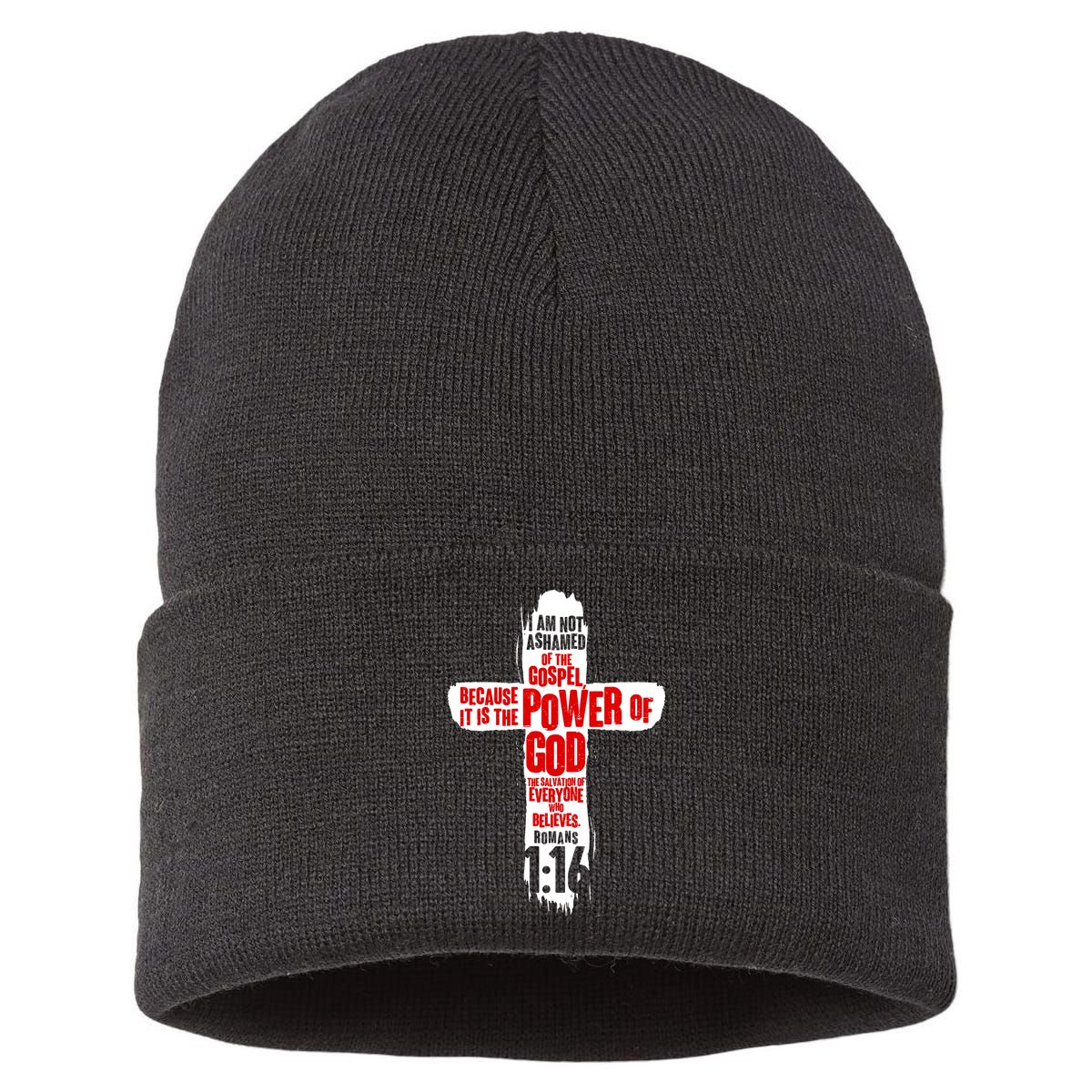 Inspirational The Power Of God Cross Romans 1:16 Sustainable Knit Beanie