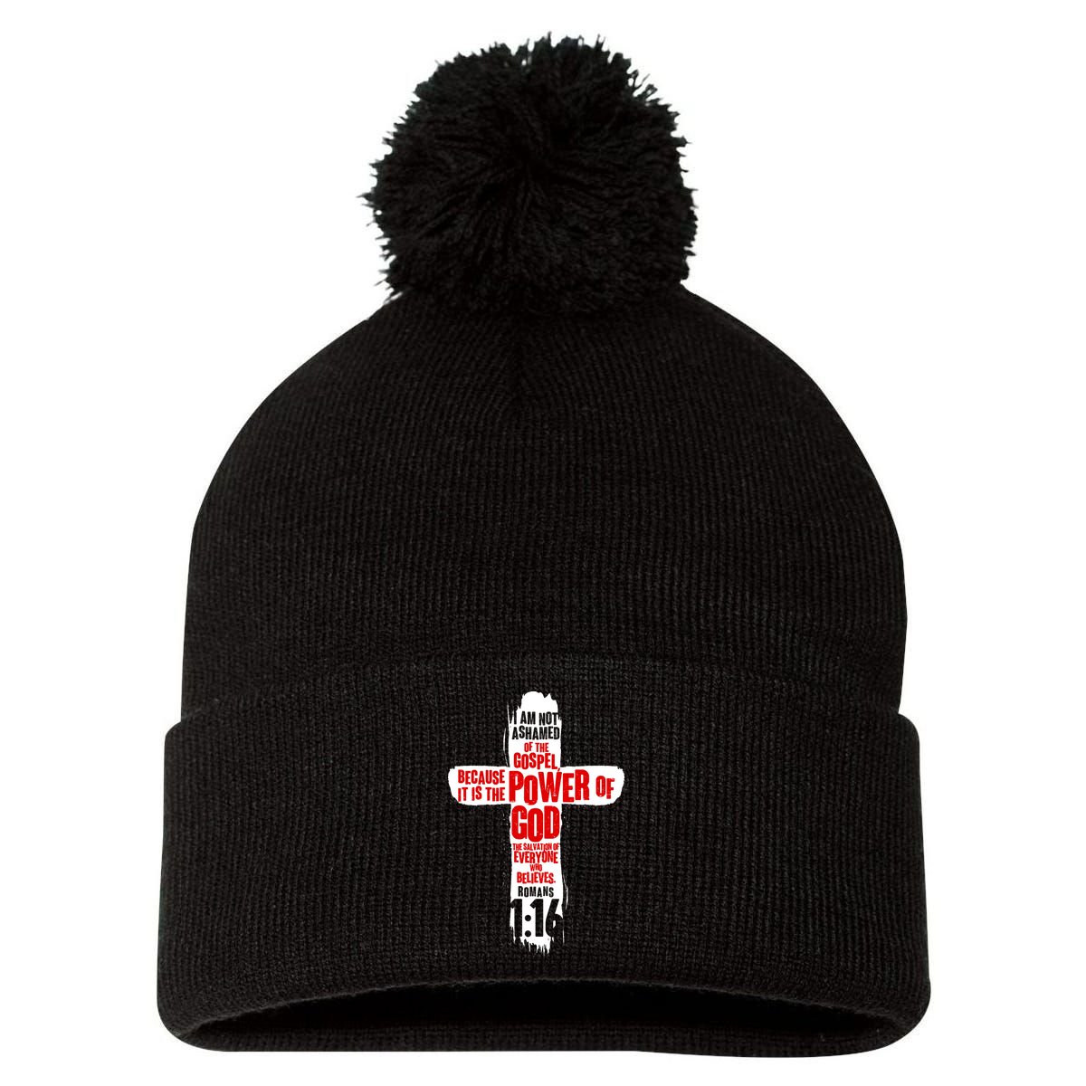Inspirational The Power Of God Cross Romans 1:16 Pom Pom 12in Knit Beanie