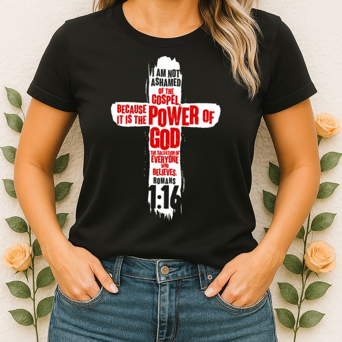 Inspirational The Power Of God Cross Romans 1:16 Womens T-Shirt