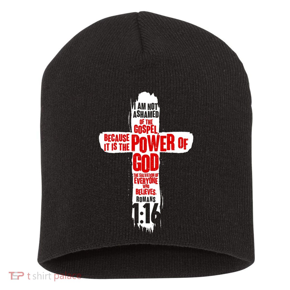 Inspirational The Power Of God Cross Romans 1:16 Short Acrylic Beanie