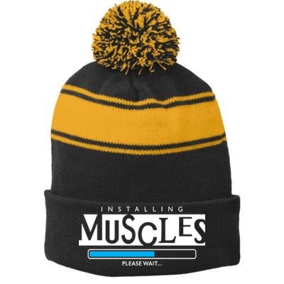 Installing Muscles Please Wait Funny Workout Stripe Pom Pom Beanie