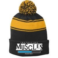 Installing Muscles Please Wait Funny Workout Stripe Pom Pom Beanie