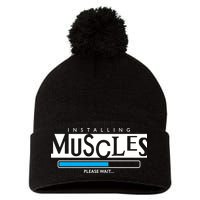 Installing Muscles Please Wait Funny Workout Pom Pom 12in Knit Beanie