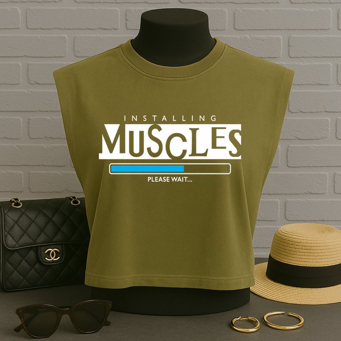 Installing Muscles Please Wait Funny Workout Garment-Dyed Women's Muscle Tee