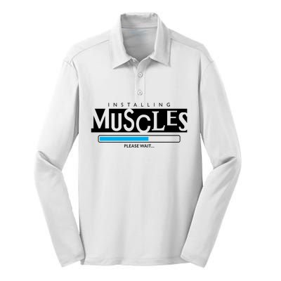 Installing Muscles Please Wait Funny Workout Silk Touch Performance Long Sleeve Polo