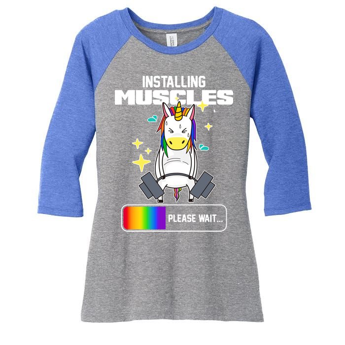 Installing Muscles Unicorn Lifting Women's Tri-Blend 3/4-Sleeve Raglan Shirt