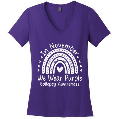 In November We Wear Purple Ribbon Warrior Epilepsy Awareness Gift Women's V-Neck T-Shirt