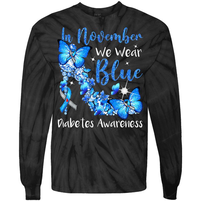 In November We Wear Blue Butterflies Diabetes Awareness Tie-Dye Long Sleeve Shirt