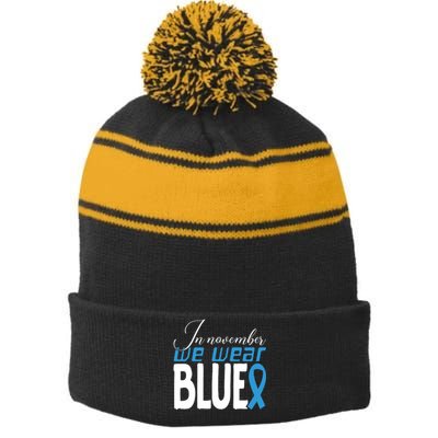 In November We Wear Blue Awareness Graphic Stripe Pom Pom Beanie