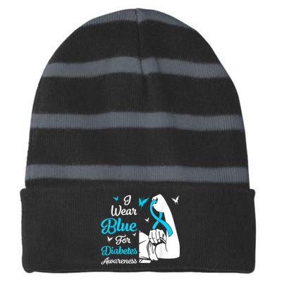 In November We Wear Blue Ribbon Diabetes Awareness Month Striped Beanie with Solid Band