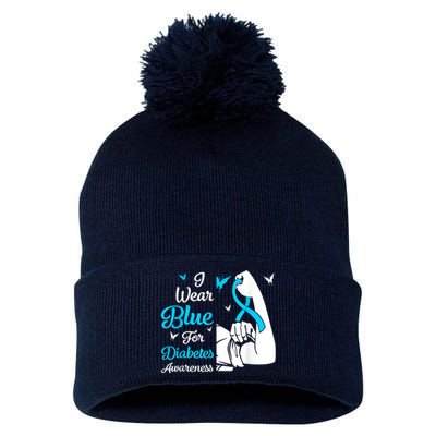 In November We Wear Blue Ribbon Diabetes Awareness Month Pom Pom 12in Knit Beanie