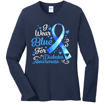 In November We Wear Blue Ribbon Diabetes Awareness Month Ladies Long Sleeve Shirt