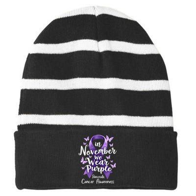 In November We Wear Purple Pancreatic Cancer Awareness Month Striped Beanie with Solid Band