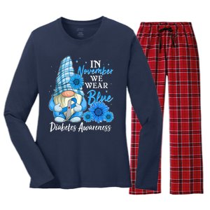 In November We Wear Blue Diabetes Awareness Blue Gnome Women's Long Sleeve Flannel Pajama Set 