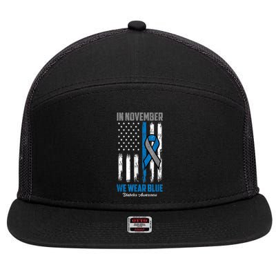 In November We Wear Blue USA Flag Diabetes Awareness Month 7 Panel Mesh Trucker Snapback Hat