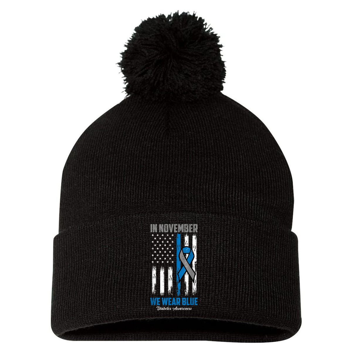 In November We Wear Blue USA Flag Diabetes Awareness Month Pom Pom 12in Knit Beanie