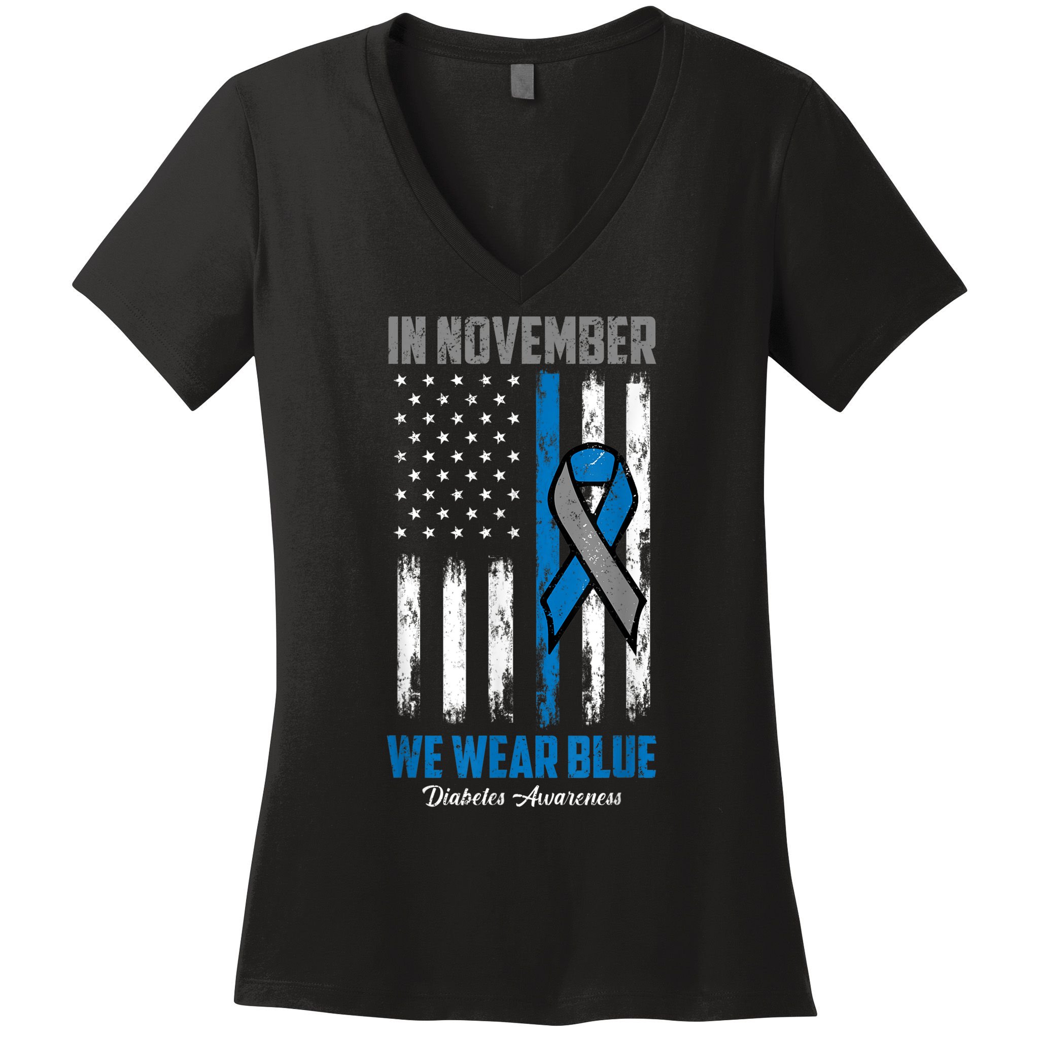 In November We Wear Blue USA Flag Diabetes Awareness Month Women's V-Neck T-Shirt