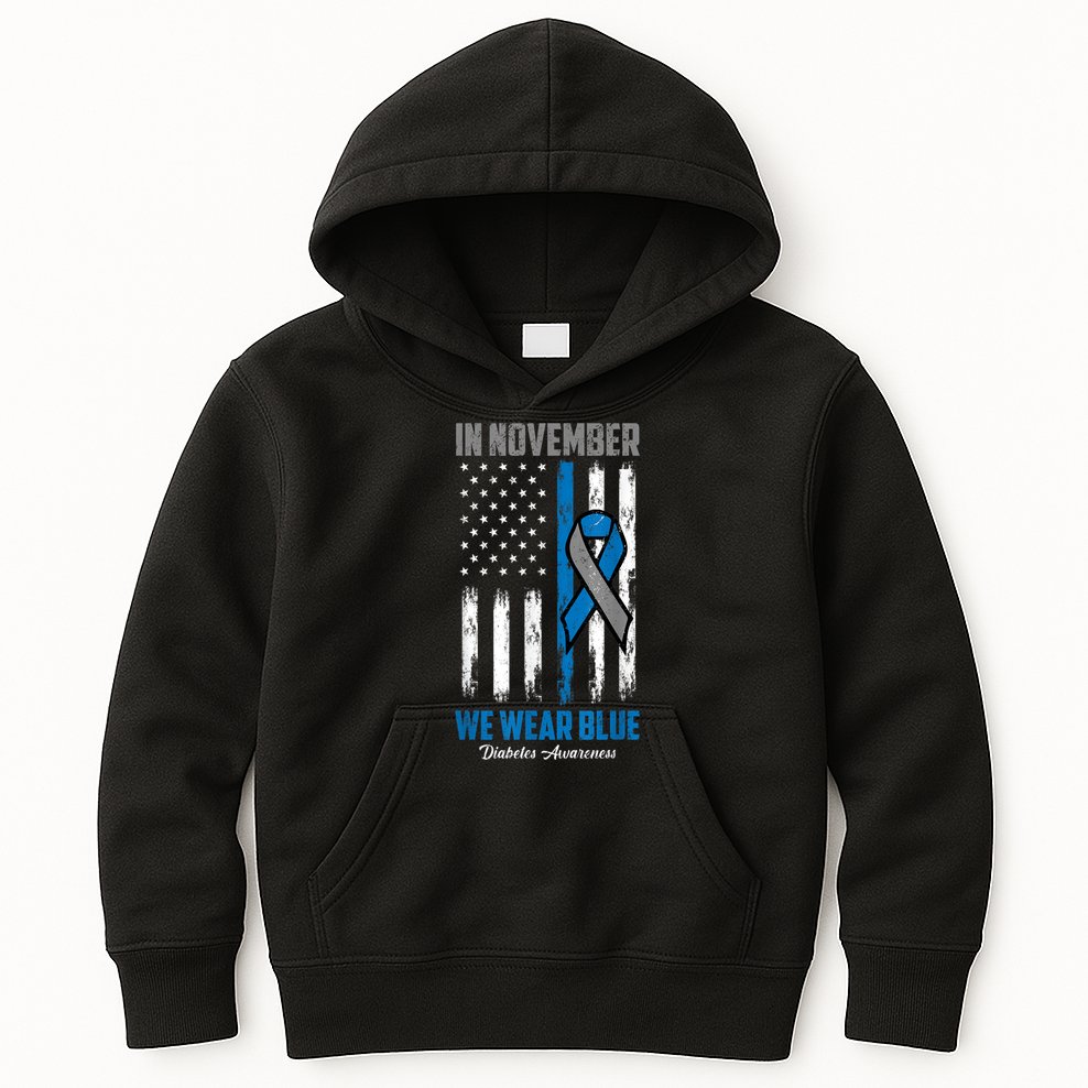 In November We Wear Blue USA Flag Diabetes Awareness Month Kids Hoodie