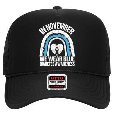 In November We Wear Blue Ribbon Diabetes Awareness High Crown Mesh Back Trucker Hat