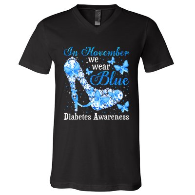 In November We Wear Blue Diabetes Awareness Cute Butterfly V-Neck T-Shirt