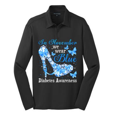 In November We Wear Blue Diabetes Awareness Cute Butterfly Silk Touch Performance Long Sleeve Polo