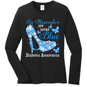 In November We Wear Blue Diabetes Awareness Cute Butterfly Ladies Long Sleeve Shirt