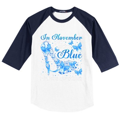 In November We Wear Blue Diabetes Awareness Cute Butterfly Baseball Sleeve Shirt