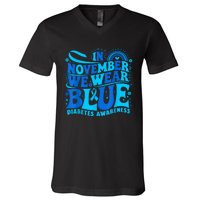 In November We Wear Ribbon Blue Diabetes Awareness V-Neck T-Shirt