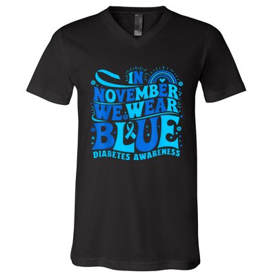 In November We Wear Ribbon Blue Diabetes Awareness V-Neck T-Shirt