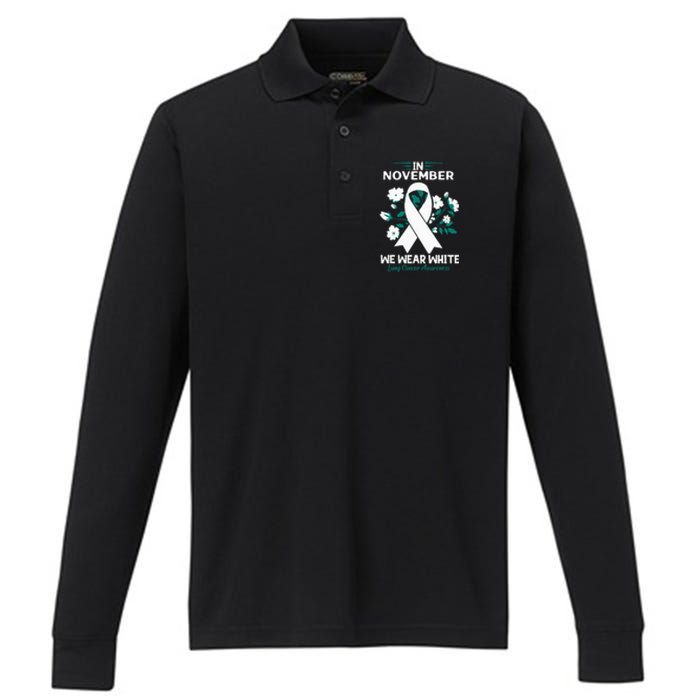 In November We Wear White Lung Cancer Awareness Month Flower Performance Long Sleeve Polo