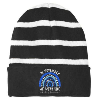 In November We Wear Blue Diabetes Awareness Striped Beanie with Solid Band